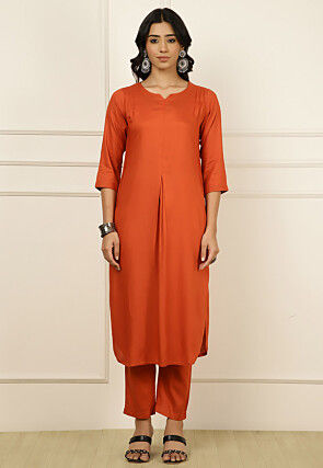 Solid Color Viscose Rayon Straight Kurta Set in Rust