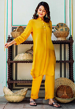 Solid Color Viscose Satin Kurti Set in Mustard