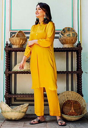 Solid Color Viscose Satin Kurti Set in Mustard