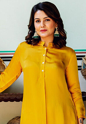 Solid Color Viscose Satin Kurti Set in Mustard