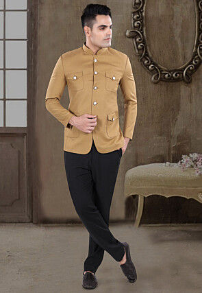 Solid Color Viscose Silk Jodhpuri Suit in Beige