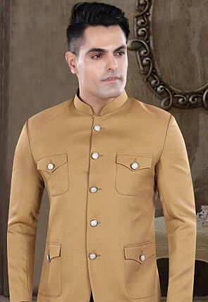 Solid Color Viscose Silk Jodhpuri Suit in Beige