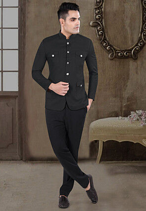 Solid Color Viscose Silk Jodhpuri Suit in Black