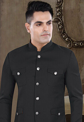 Solid Color Viscose Silk Jodhpuri Suit in Black