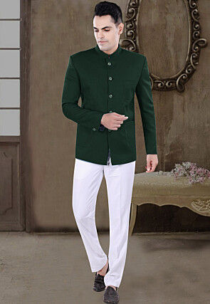 Solid Color Viscose Silk Jodhpuri Suit in Dark Green