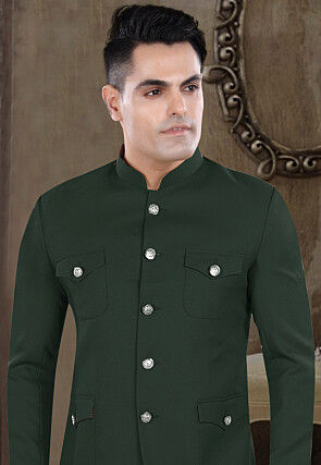 Solid Color Viscose Silk Jodhpuri Suit in Dark Green