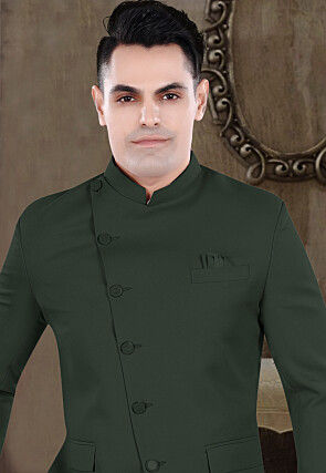Solid Color Viscose Silk Jodhpuri Suit in Dark Green
