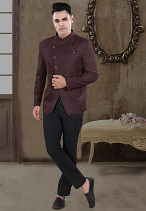 Solid Color Viscose Silk Jodhpuri Suit in Wine