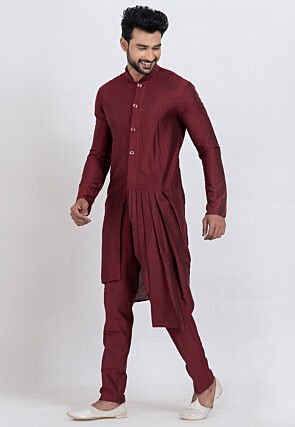 Solid Color Viscose Silk Kurta Set in Maroon
