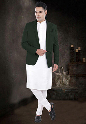 Solid Color Viscose Silk Kurta Set in Off White and Dark Green