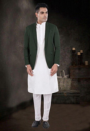 Solid Color Viscose Silk Kurta Set in Off White and Dark Green