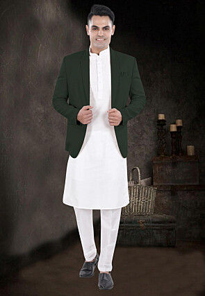 Solid Color Viscose Silk Kurta Set in Off White and Dark Green