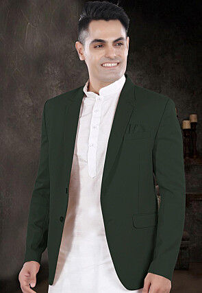 Solid Color Viscose Silk Kurta Set in Off White and Dark Green