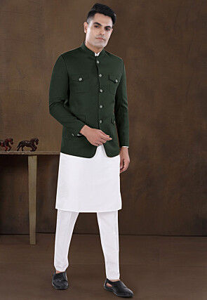 Solid Color Viscose Silk Kurta Set in Off White and Dark Green