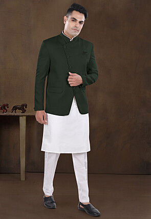 Solid Color Viscose Silk Kurta Set in Off White and Dark Green
