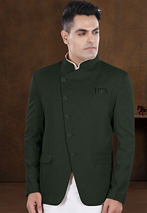 Solid Color Viscose Silk Kurta Set in Off White and Dark Green
