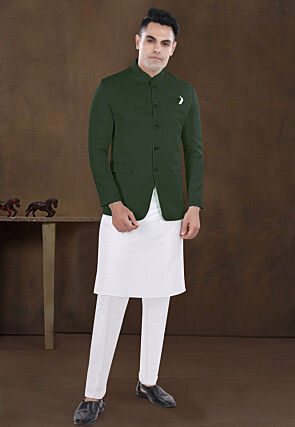 Solid Color Viscose Silk Kurta Set in Off White and Dark Green
