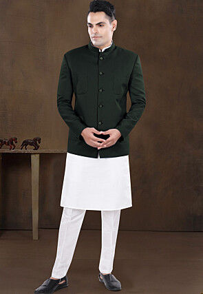 Solid Color Viscose Silk Kurta Set in Off White and Dark Green