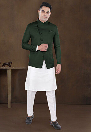 Solid Color Viscose Silk Kurta Set in Off White and Dark Green