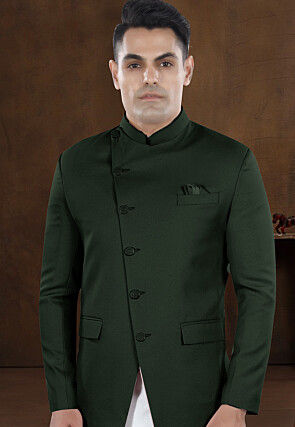 Solid Color Viscose Silk Kurta Set in Off White and Dark Green