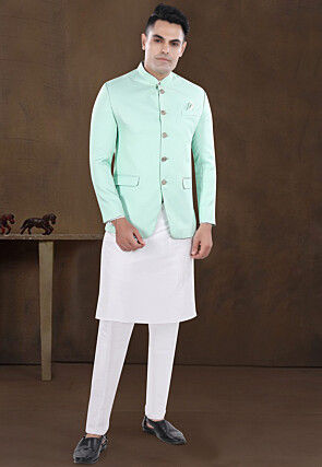Solid Color Viscose Silk Kurta Set in Off White and Sea Green