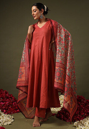Solid Rayon Anarkali Suit in Rust