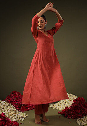 Solid Rayon Anarkali Suit in Rust