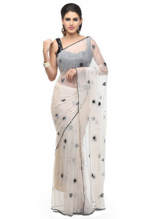 Embroidered Net Saree in Off White