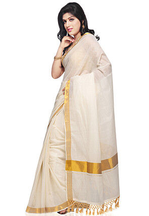 Woven Cotton Kerala Kasavu Saree in Off White