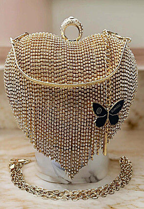 Stone Embellished Polyester Clutch Bag in Golden