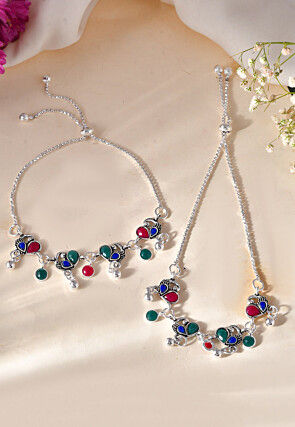 Stone Studded Adjustable Anklet Pair