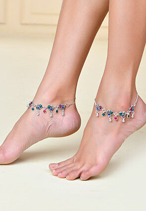 Stone Studded Adjustable Anklet Pair