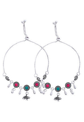 Stone Studded Adjustable Anklet Pair