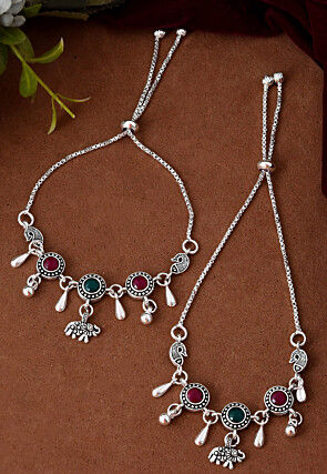 Stone Studded Adjustable Anklet Pair