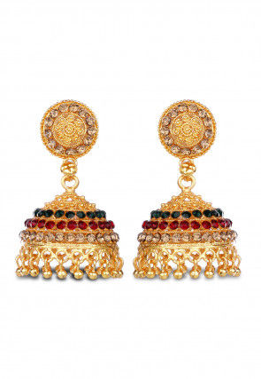 Stone Studded Enamel Filled Jhumka Style Earrings