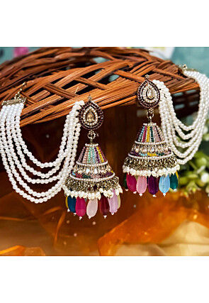 Stone Studded Jhumka Style Earrings with Ear Chain