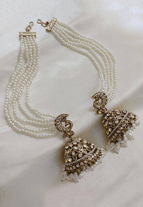 Stone Studded Jhumka Style Earrings with Layered Ear Chain