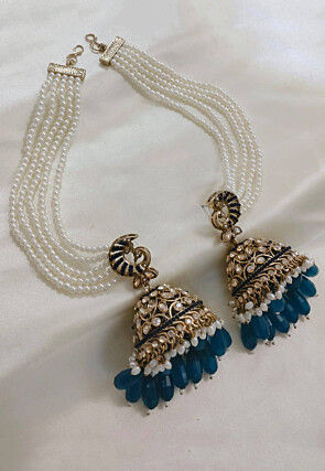 Stone Studded Jhumka Style Earrings with Layered Ear Chain
