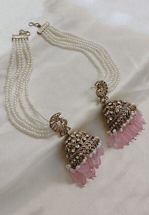 Stone Studded Jhumka Style Earrings with Layered Ear Chain