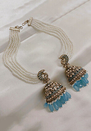 Stone Studded Jhumka Style Earrings with Layered Ear Chain
