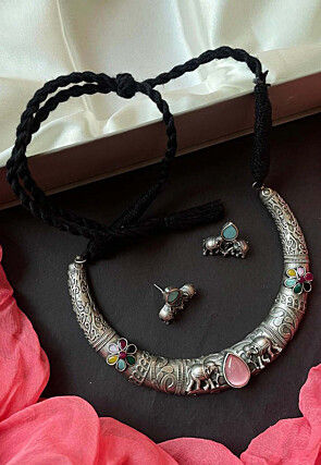 Stone Studded Oxidised Elephant Hasli Set