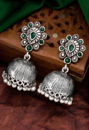 Stone Studded Oxidised Jhumka Style Earrings