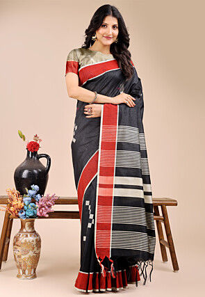Straipe Printed Cotton Saree in Black