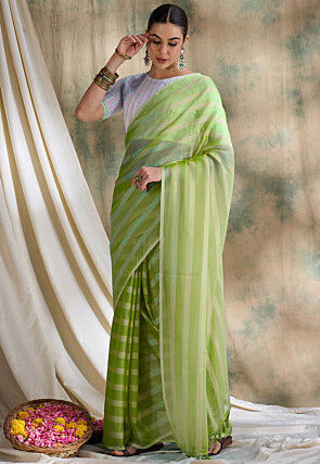 Stripe Printed Art Silk Saree in Light Green