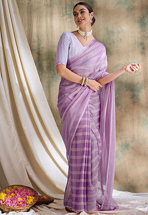 Stripe Printed Art Silk Saree in Purple