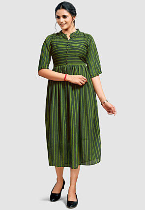 Stripe Printed Chiffon Midi Dress in Green