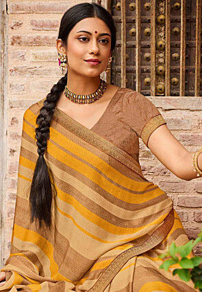 Stripe Printed Chiffon Saree in Beige and Yellow