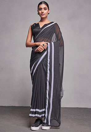 Stripe Printed Chiffon Saree in Black