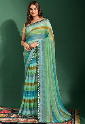 Stripe Printed Chiffon Saree in Blue