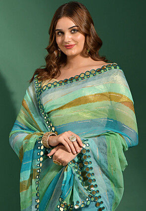 Stripe Printed Chiffon Saree in Blue